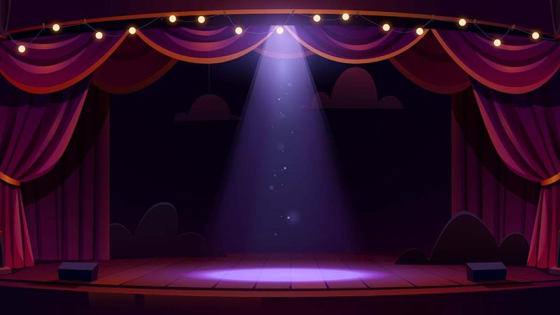 computer generated image of a stage with open curtains and a spotlight