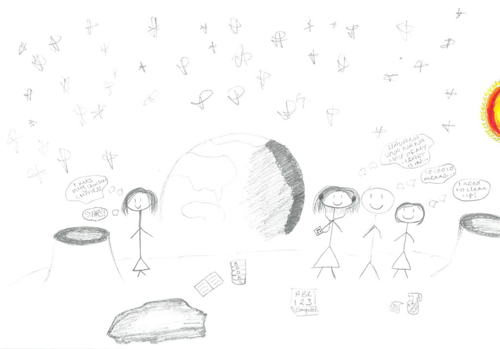 A young carer’s drawing of how her family would care for each other in space.