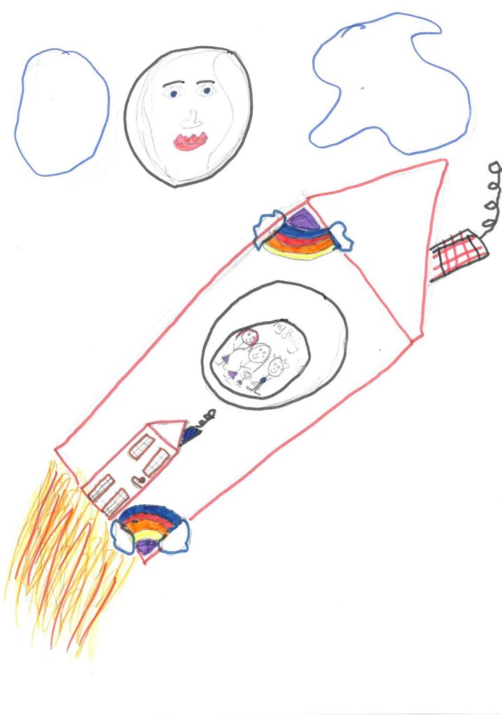 Drawing of how the family would care for each other in space by a young person with special educational needs.