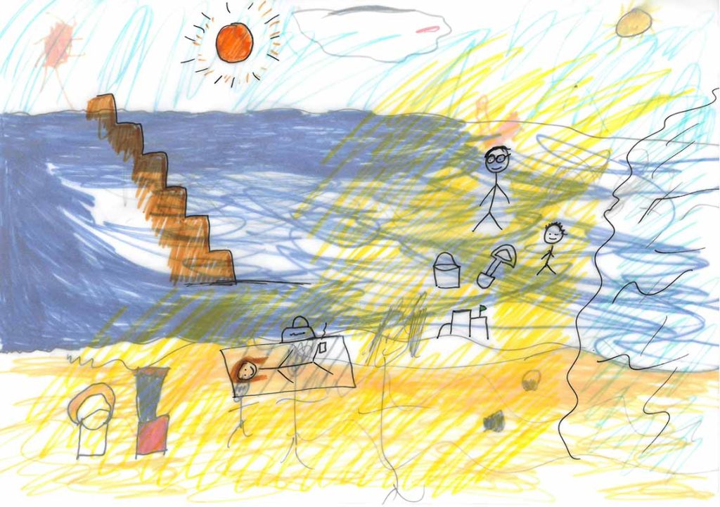 A family’s collected tracing paper drawings of a day out at the seaside
