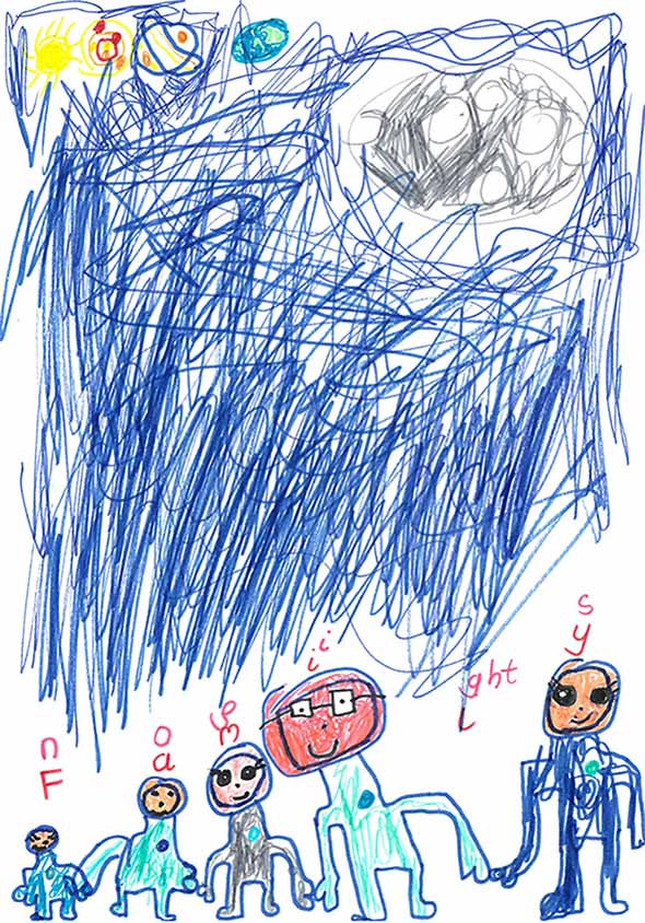 A young carer’s drawing of how her family would care for each other in space, with the words “no fights family”