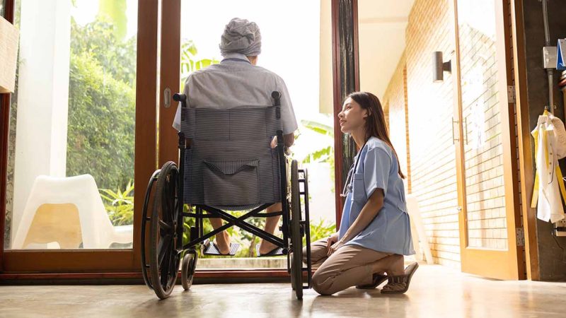 Older person sitting in wheelchair facing away from camera, looking through a large glass door towards a garden, younger person in work clothes kneeling down next to the wheelchair, looking into the older person's face. Adobe Stock image licensed by University of Sheffield.