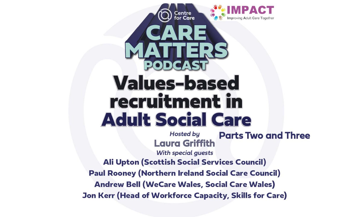 Text: CARE MATTERS PODCAST. 'Values-based recruitment in Adult Social Care Parts Two and Three Hosted by Laura Griffith with special guests Ali Upton (Scottish Social Services Council) Paul Rooney (Northern Ireland Social Care Council) Andrew Bell (WeCare Wales, Social Care Wales) Jon Kerr (Head of Workforce Capacity, Skills for Care)