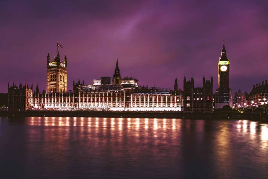 UK Parliament at night