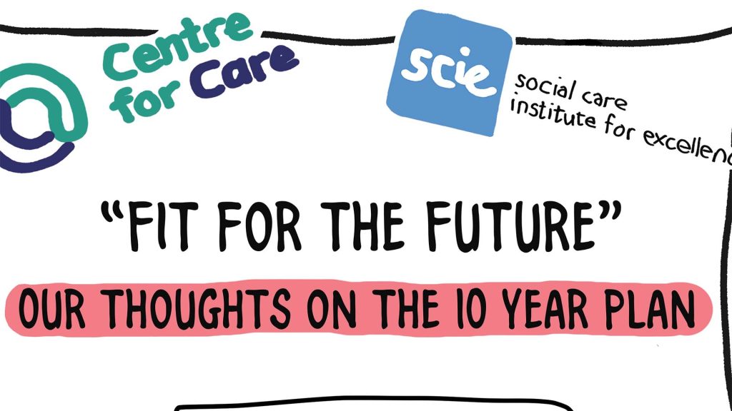 Illustrated image shows a laptop, Centre for Care and Social Care Institute for Excellence logos. Text: ""Fit for the Future" our thoughts on the 10 year plan."