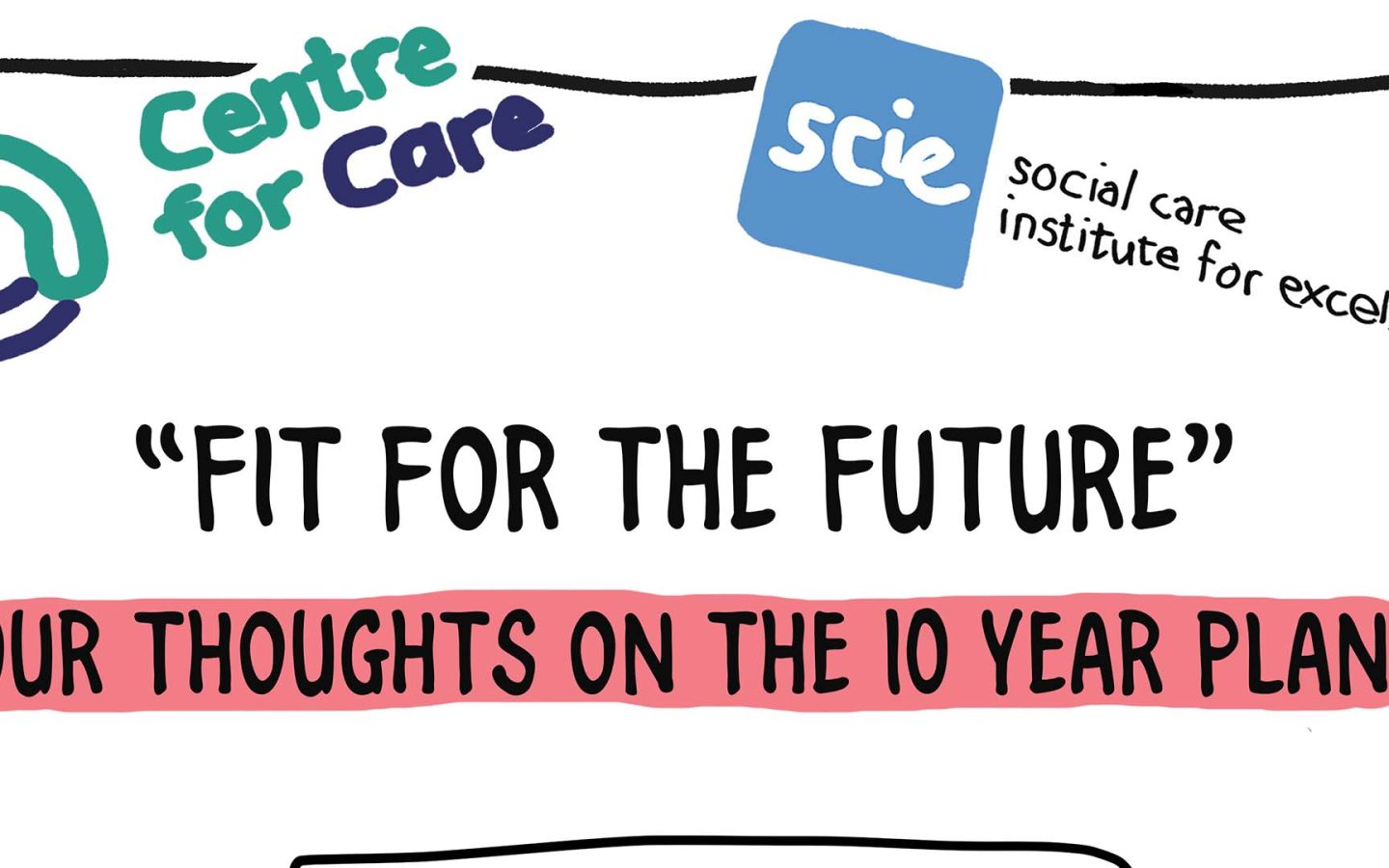 Illustrated image shows a laptop, Centre for Care and Social Care Institute for Excellence logos. Text: ""Fit for the Future" our thoughts on the 10 year plan."