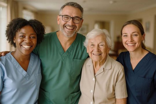 Three care workers and an older person looking at camera smiling