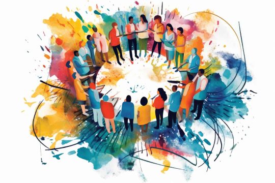 Illustration of many people stood in circle, splashes of vibrant coloured paint all around the image.