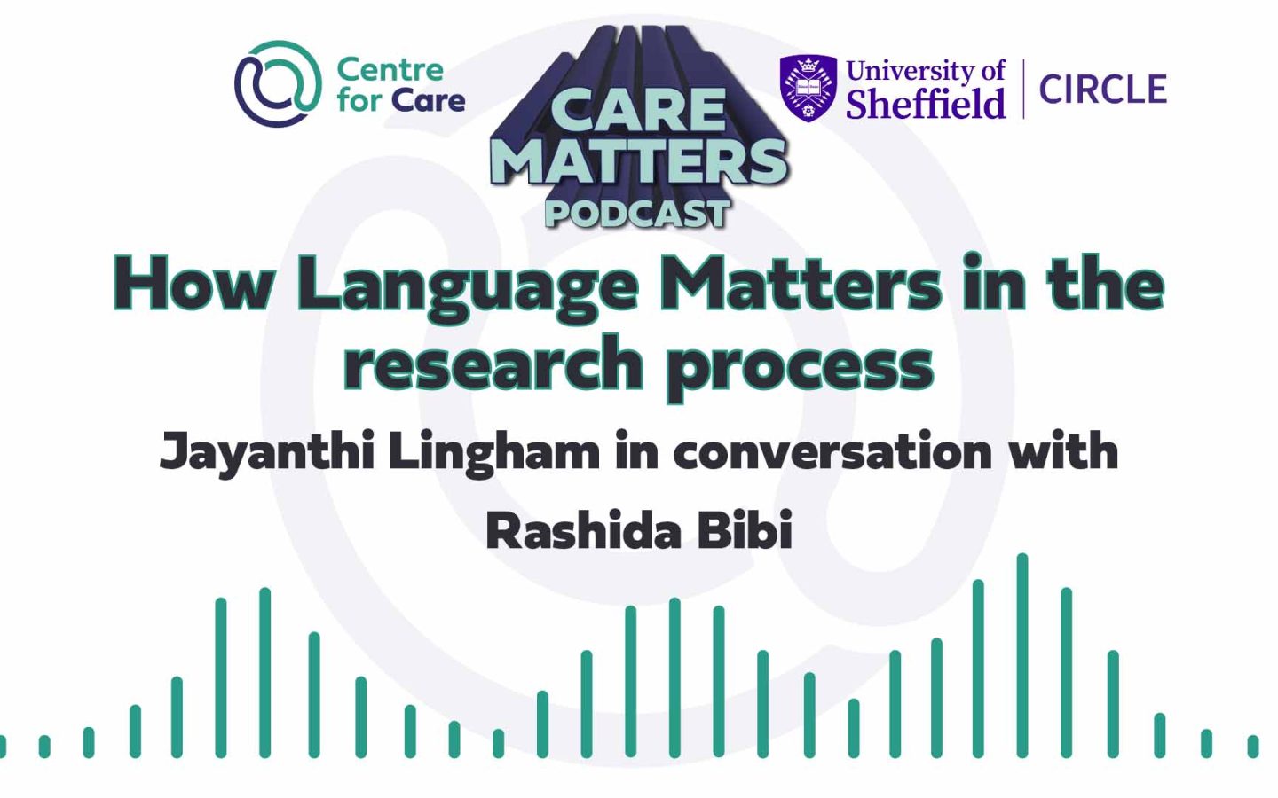 Text: "Care Matters Podcast: How Language Matters in the research process Jayanthi Lingham in conversation with Rashida Bibi"