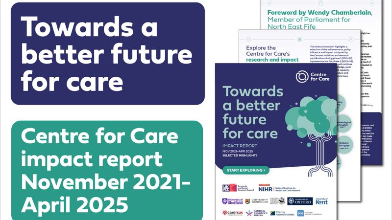 Text: "Towards a better future for care Centre for Care impact report November 2021- April 2025" Image of front page of report and selected report pages arranged behind it.