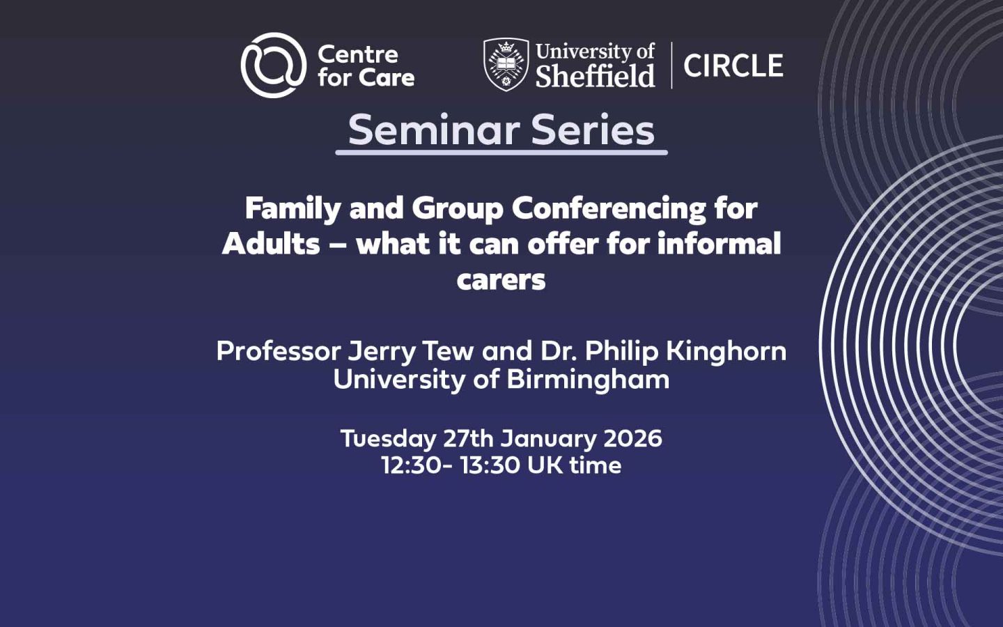 Text: "Family and Group Conferencing for Adults – what it can offer for informal carers Professor Jerry Tew and Dr. Philip Kinghorn University of Birmingham Tuesday 27th January 2026 12:30- 13:30 UK time"