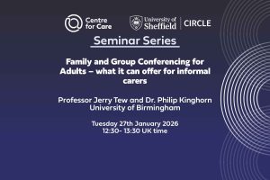 Text: "Family and Group Conferencing for Adults – what it can offer for informal carers Professor Jerry Tew and Dr. Philip Kinghorn University of Birmingham Tuesday 27th January 2026 12:30- 13:30 UK time"