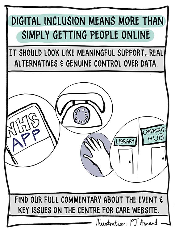 Text: "Digital Inclusion means more than simply getting people online.
It Should look like meaningful support, real alternatives and genuine control over data. Find our full commentary about the event on the centre for care website" Illustrations of the NHS App, a telephone and a library and communityy hub.