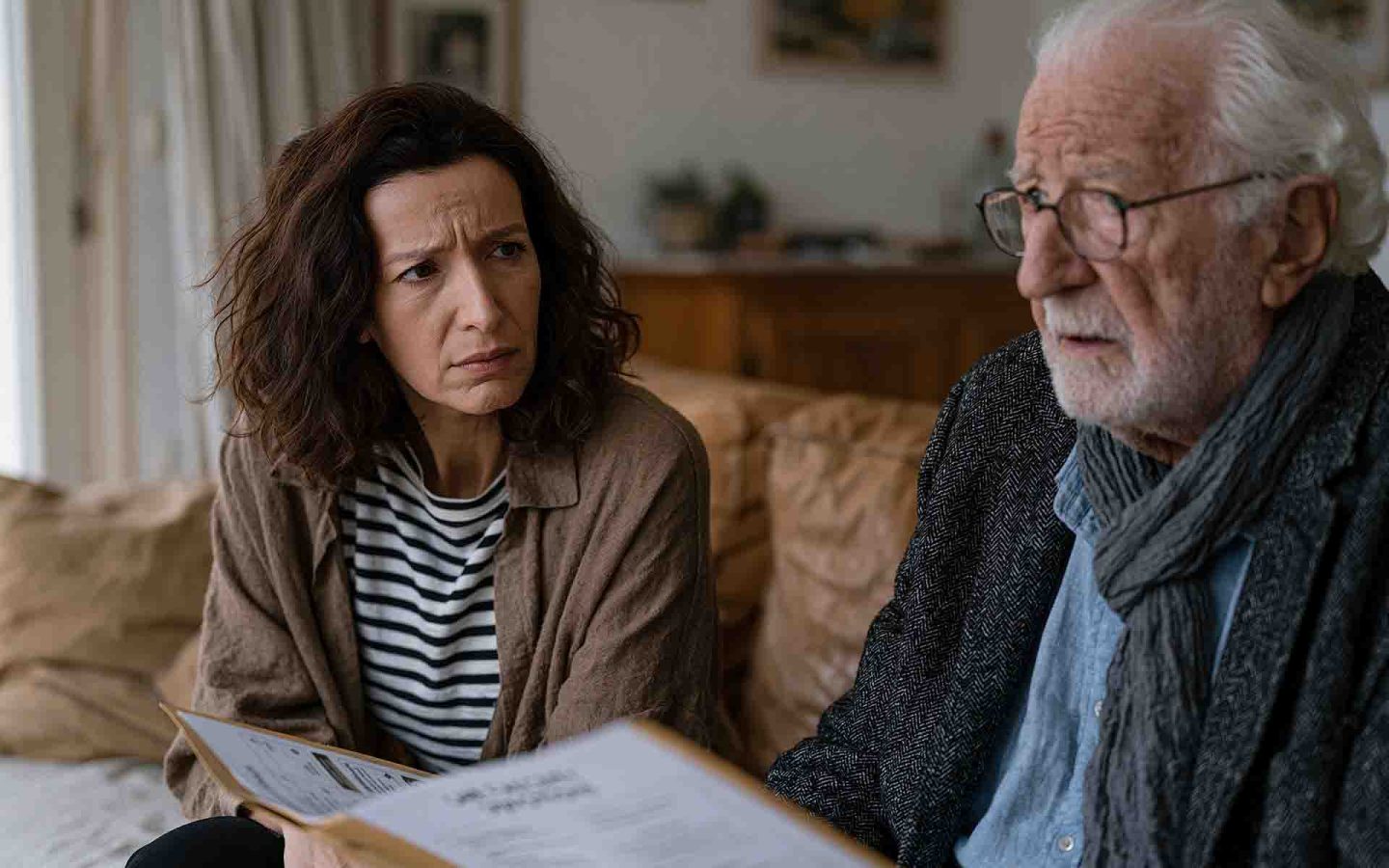 adult daughter sitting across from her elderly father at his home, a folder of care facility options between them, both with tense thoughtful expressions, aging parent