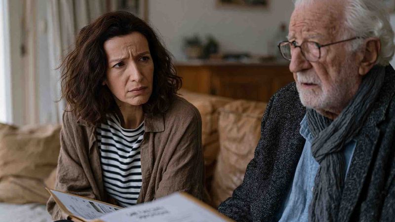 adult daughter sitting across from her elderly father at his home, a folder of care facility options between them, both with tense thoughtful expressions, aging parent