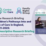 Text: "New Research Briefing: Children’s Pathways Into and Out of Care in England, 2021-2025: A Descriptive Research Briefing, Wriiten by Professor Nathan Hughes and Benjamin Odin in partnership with the Family Rights Group" Logos for the Centre for Care and Filay Rights group and a screen shot of the report front cover
